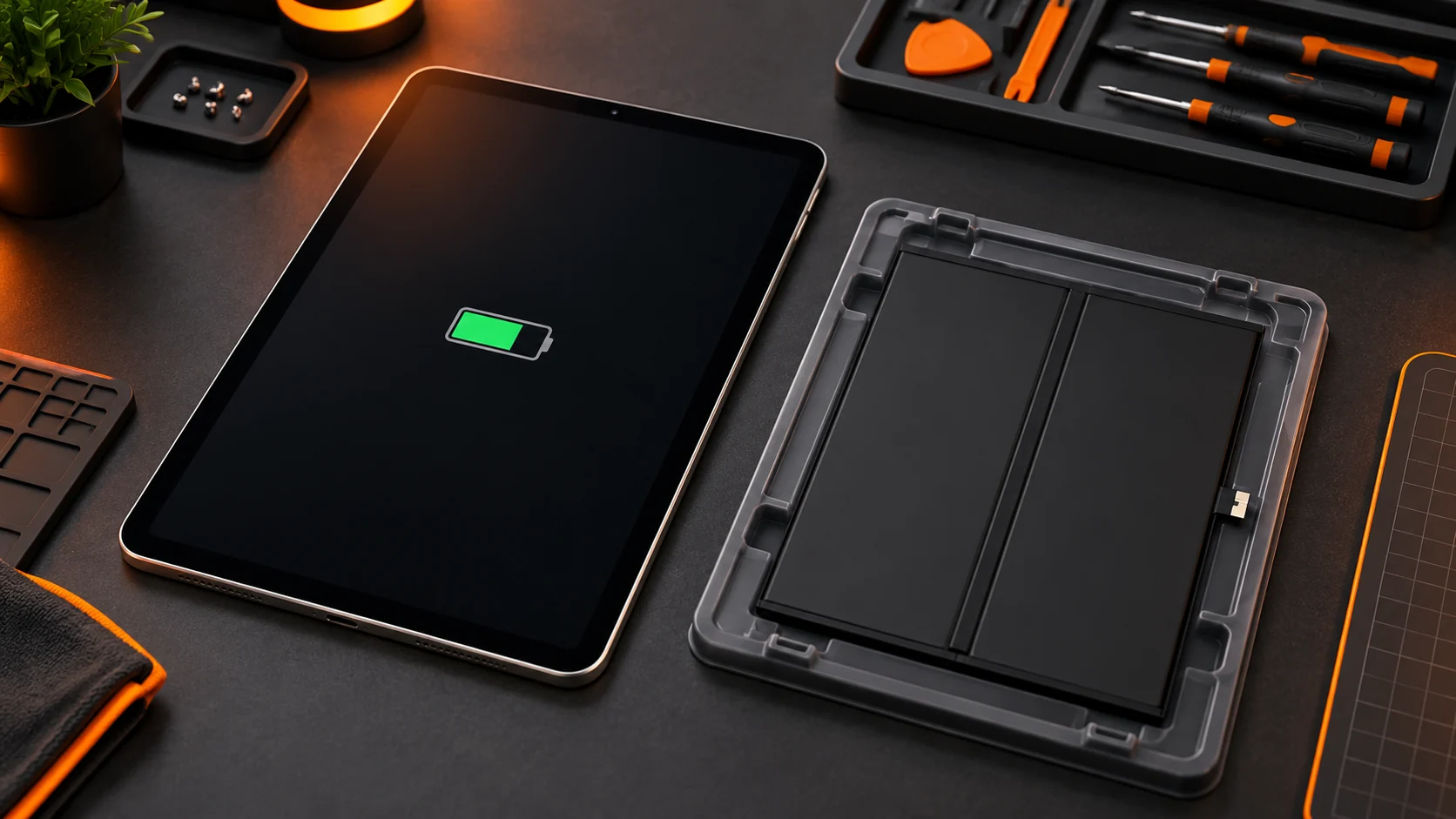 Illustration of an iPad-style tablet beside a replacement battery and precision repair tools