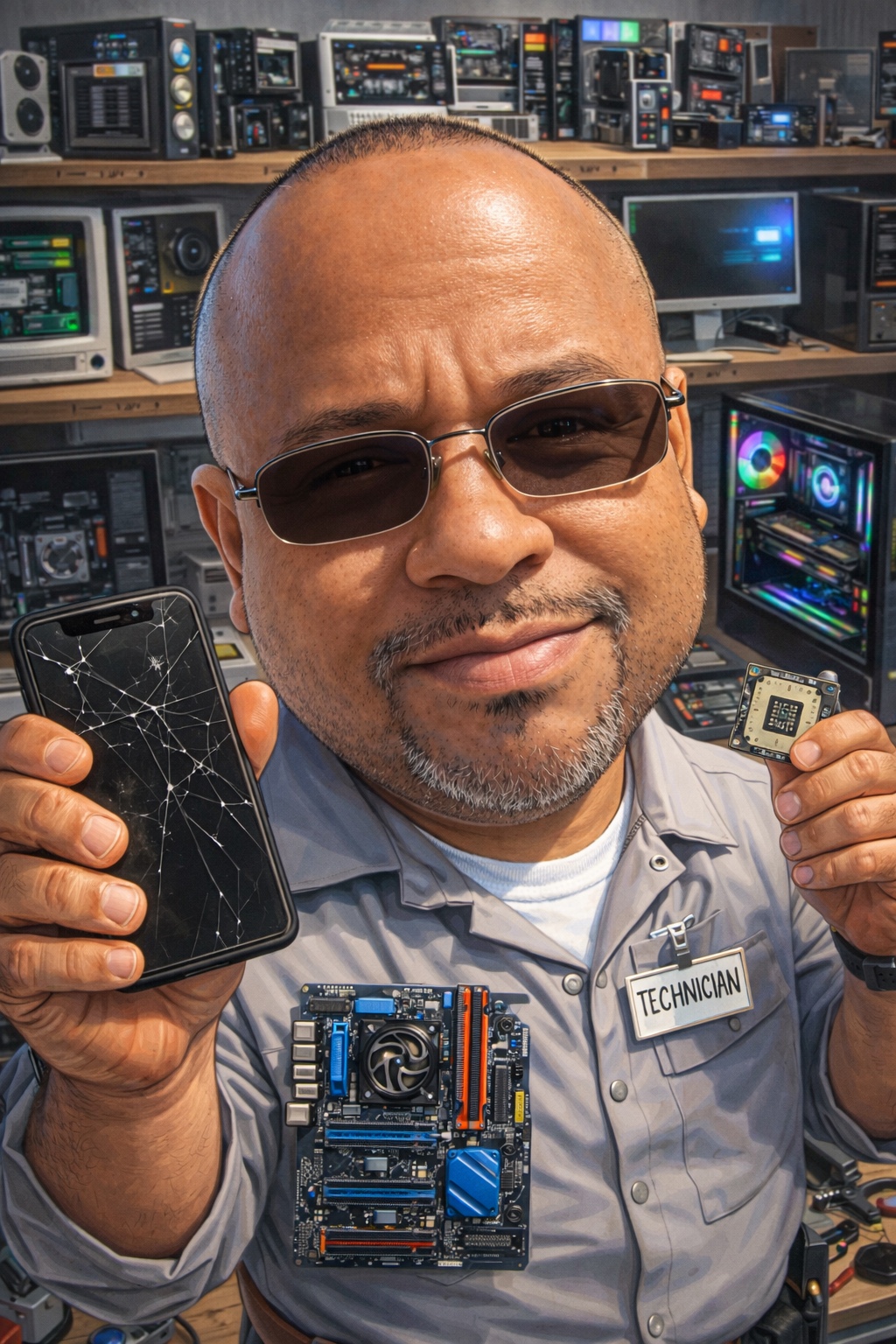 Pedro Arellano, business owner of YeaWeFixThat Davie, holding a cracked phone and computer components